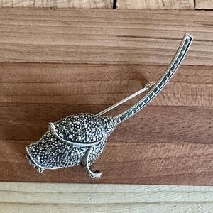 VTG Sterling Silver 925 Marcasite Rose Tulip Flower Brooch 3 Inch 11.3g Deco MCM